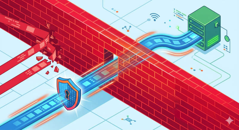Eine digitale Vektor-Illustration zeigt wie ein VPN im Stealth-Protokoll eine Firewall-Sperre im Hotel-WLAN umgeht