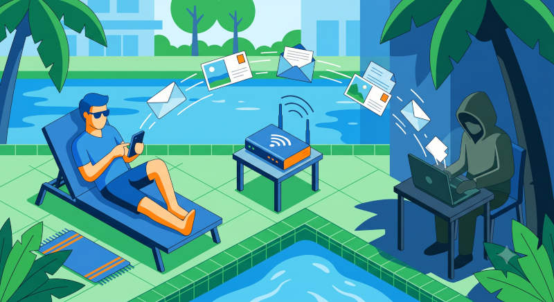 Illustration eines unverschluesselten Hotel-WLANs bei dem ein Hacker ungeschuetzte Datenpakete von Urlaubern abfaengt