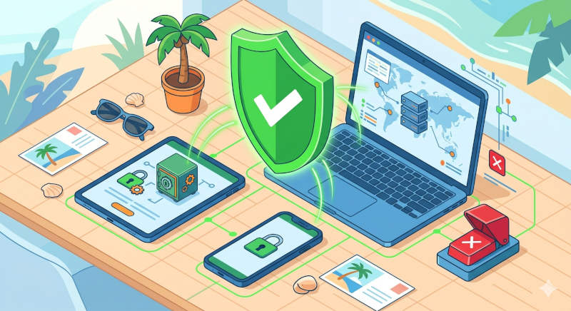 Grafik eines Reise-Sicherheits-Kits mit Smartphone und Laptop geschuetzt durch ein VPN-Schutzschild mit Kill-Switch-Symbol