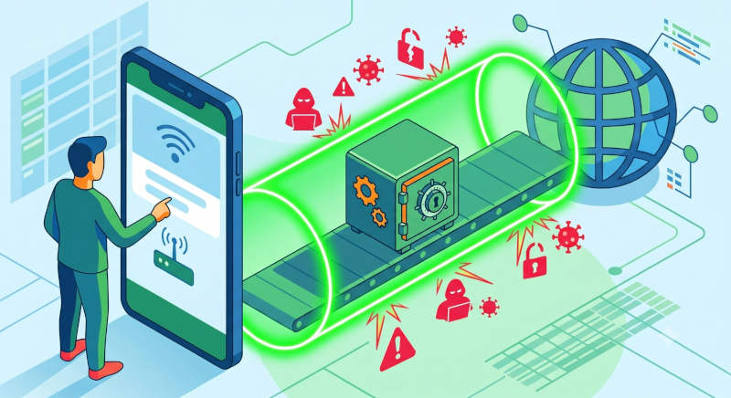 Isometrische Grafik zur Erklaerung eines sicheren VPN-Tunnels der Daten verschluesselt von einem Smartphone ins Internet leitet