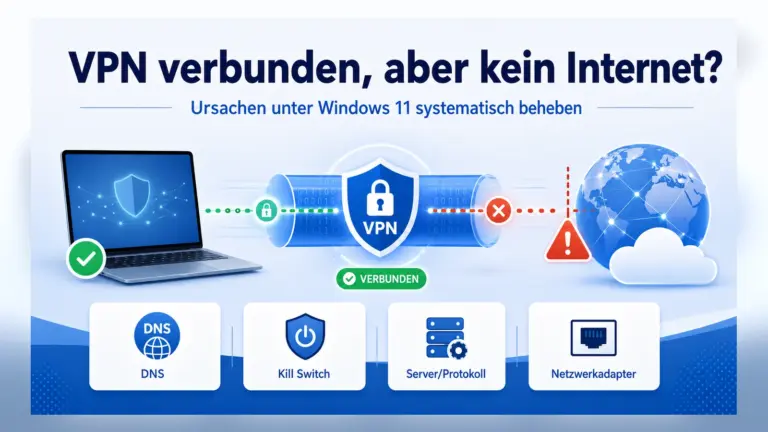 Abstrakte Illustration einer bestehenden VPN-Verbindung ohne funktionierenden Internetzugriff.