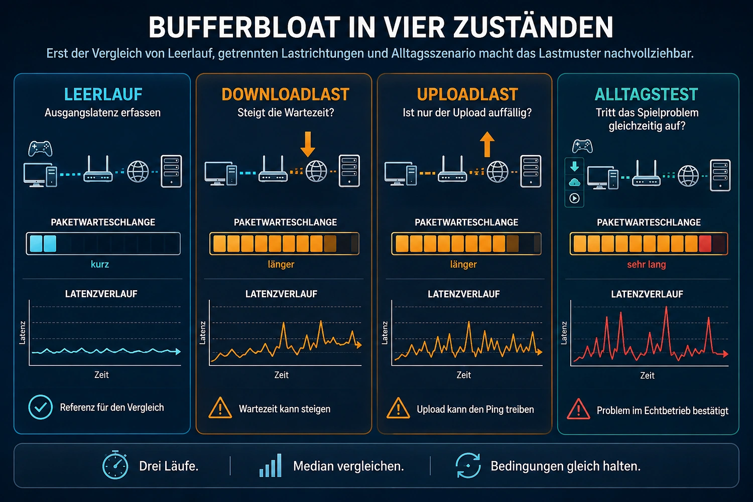Vier Zustände eines Bufferbloat-Tests mit Leerlauf, Downloadlast, Uploadlast und Alltagstest.