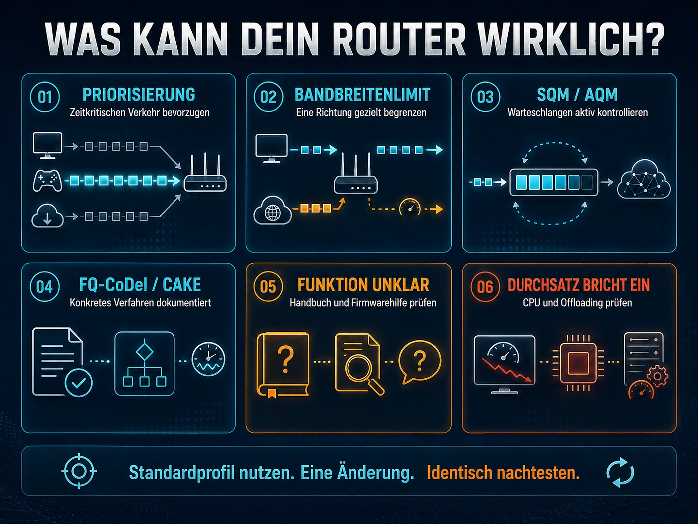 Routerfähigkeits-Matrix für Priorisierung, Bandbreitenlimit, SQM, AQM, FQ-CoDel und CAKE.
