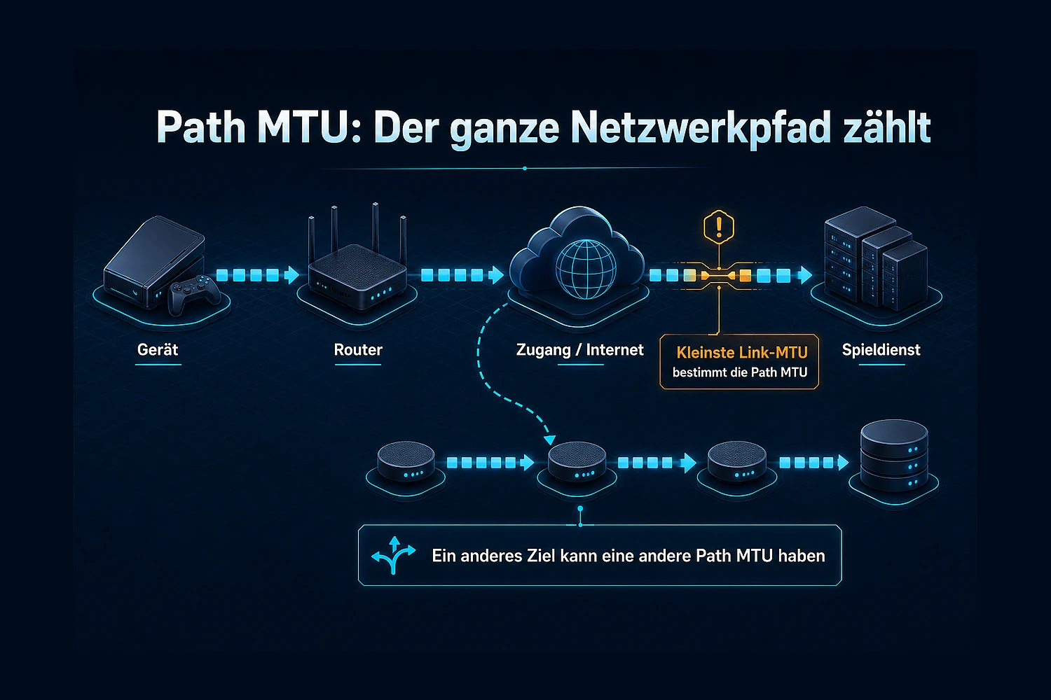 Netzwerkpfad von Gerät über Router und Internet zum Spieldienst mit markierter kleinster Link-MTU als Path-MTU-Grenze.