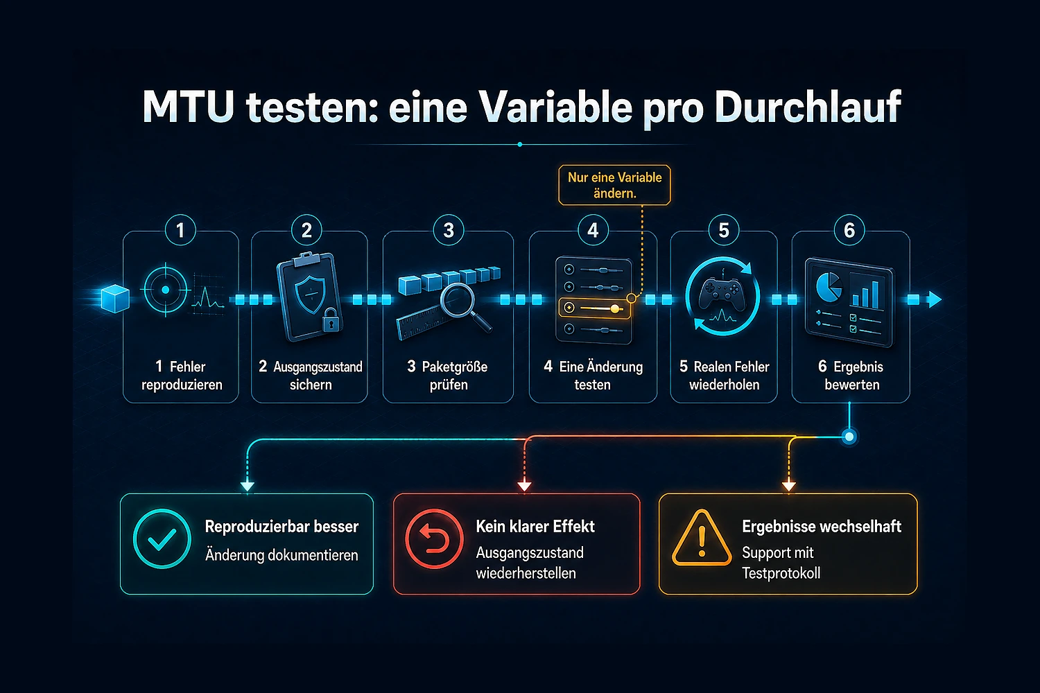 Diagnosepfad für MTU beim Gaming vom reproduzierten Fehler über Paketgrößentest und Ein-Variablen-Retest bis Rückbau oder Support.