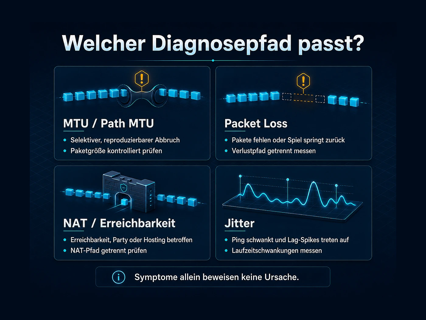 Abgrenzungsmatrix für MTU, Packet Loss, NAT und Jitter mit typischen Mustern und passendem Diagnosepfad.