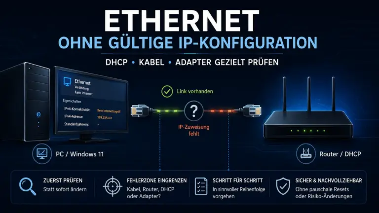 Ethernet ohne gültige IP-Konfiguration zwischen Windows-PC, Netzwerkpfad und Router/DHCP