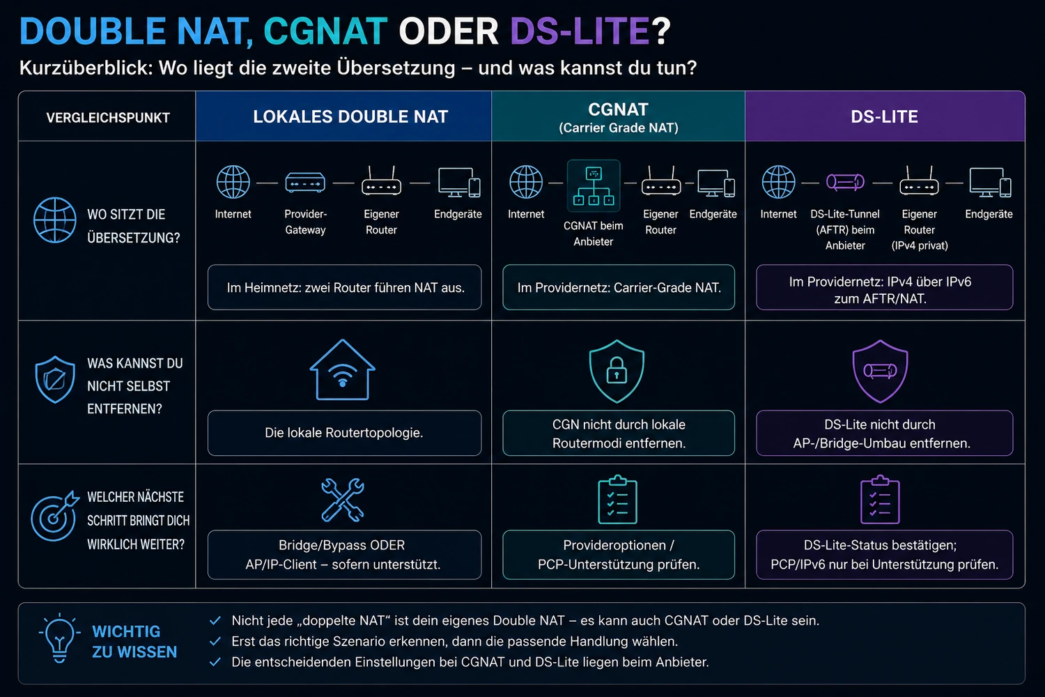 Vergleichsmatrix zu lokalem Double NAT, CGNAT und DS-Lite mit Übersetzungsort, eigener Eingriffsmöglichkeit und nächstem Schritt