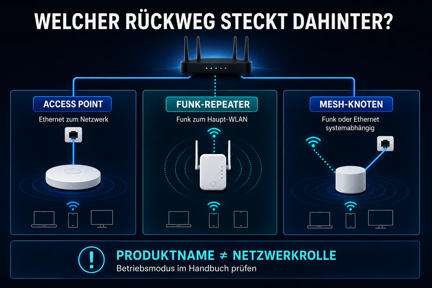 Vergleich der Rückverbindung bei Access Point, Funk-Repeater und Mesh-Knoten über Ethernet oder WLAN.