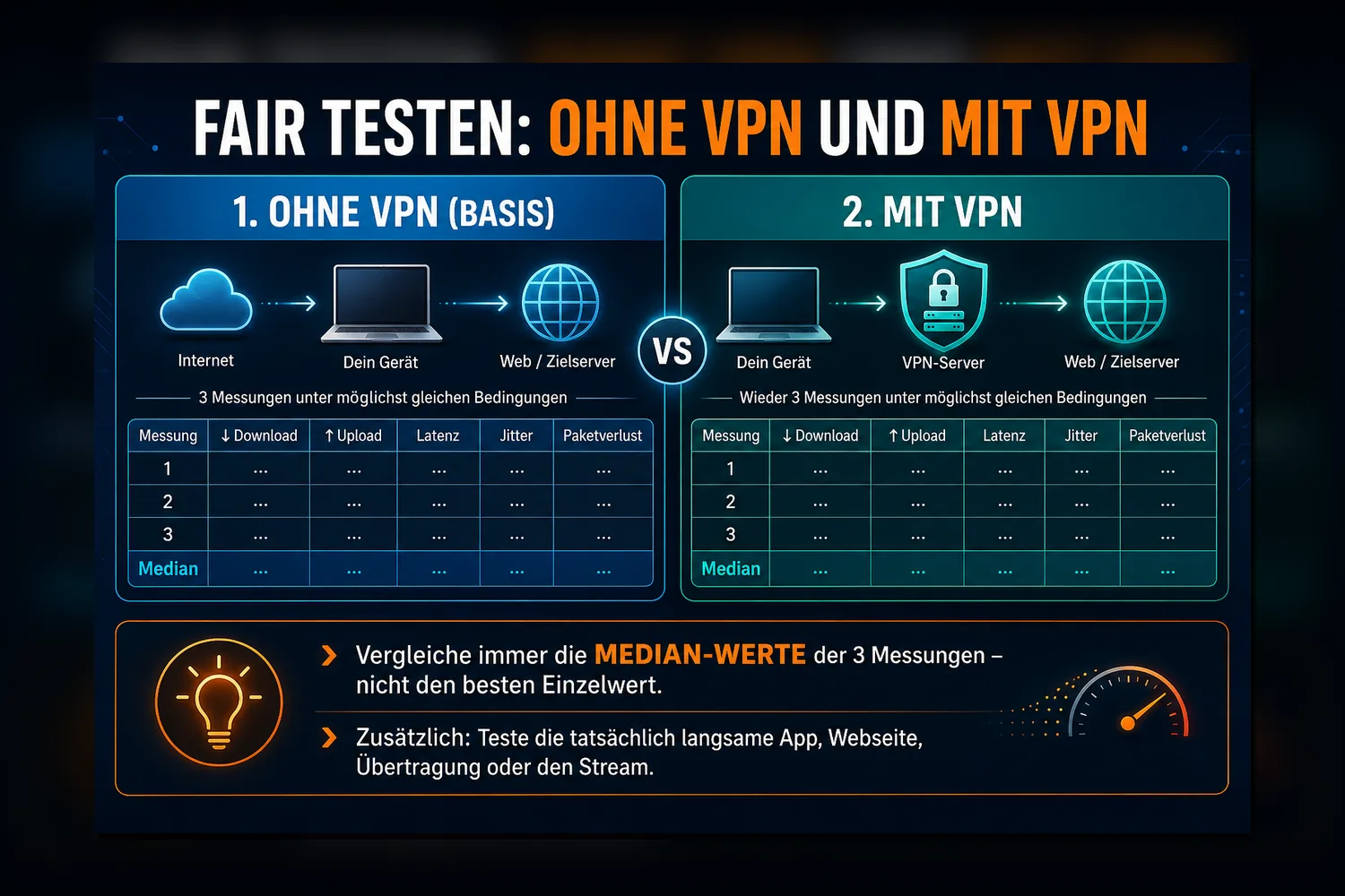 Infografik zum fairen Vergleich der VPN-Geschwindigkeit mit drei Messungen ohne VPN und drei Messungen mit VPN sowie Median-Auswertung.