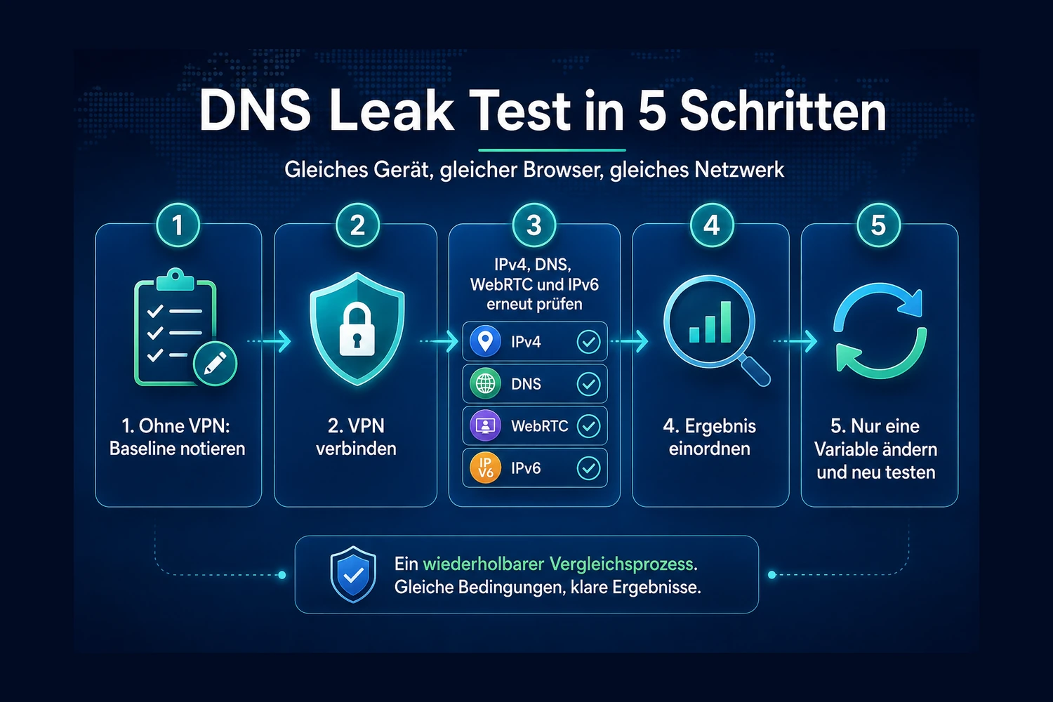 Fünfstufige Infografik für einen DNS Leak Test: Baseline ohne VPN notieren, VPN verbinden, vier Signale erneut prüfen, Ergebnis einordnen und nur eine Variable ändern.