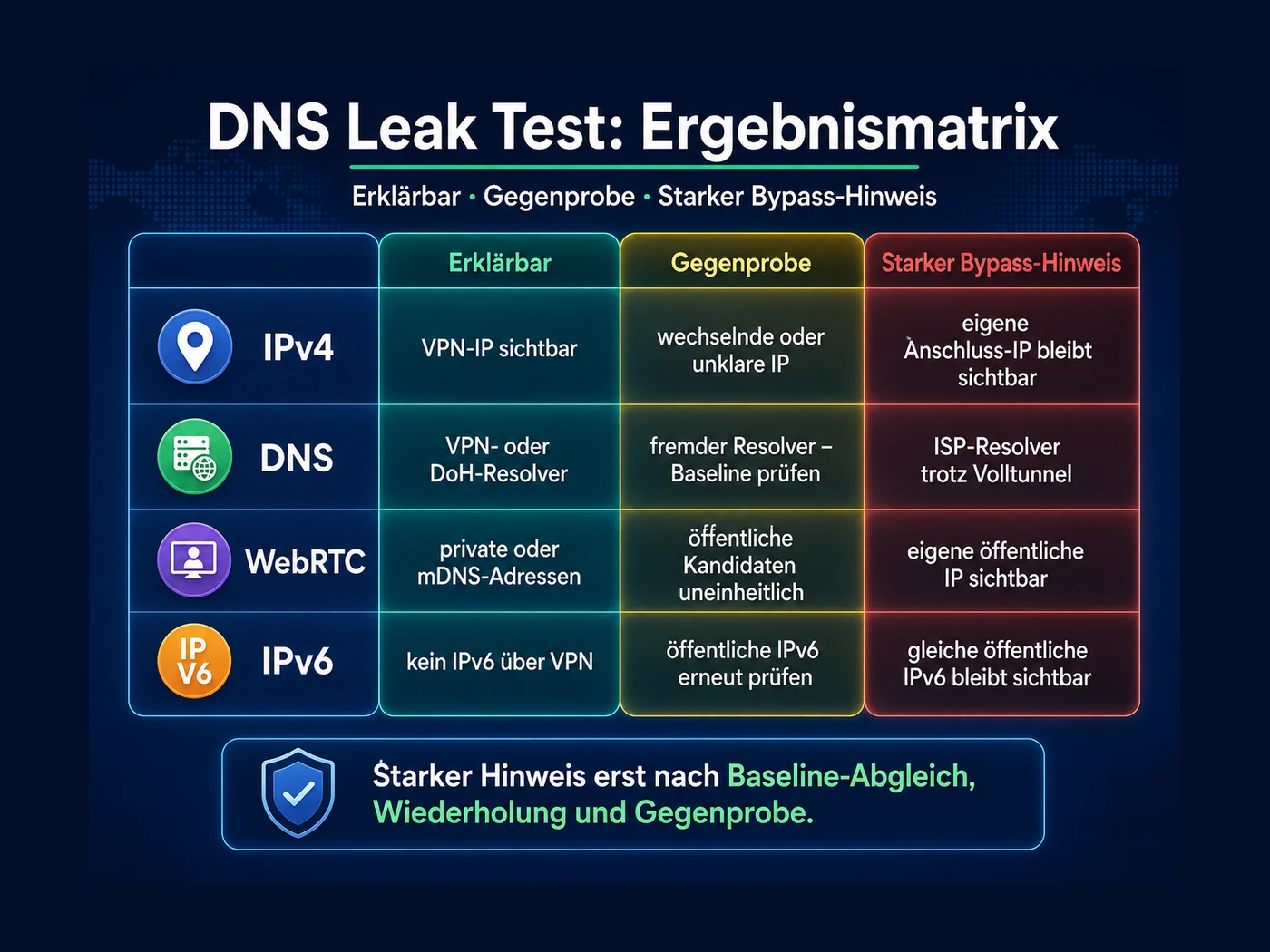 Ergebnismatrix zur Einordnung von IPv4-, DNS-, WebRTC- und IPv6-Ergebnissen in erklärbar, Gegenprobe nötig und starker Bypass-Hinweis.