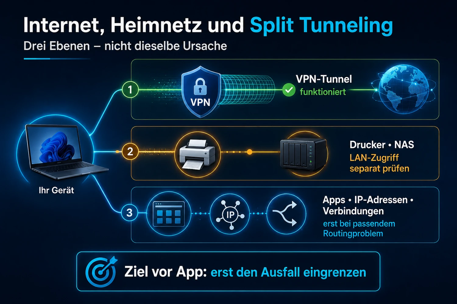 Infografik zu VPN-Internetpfad, lokalem Heimnetz mit Drucker und NAS sowie Split Tunneling als separatem Routingzweig